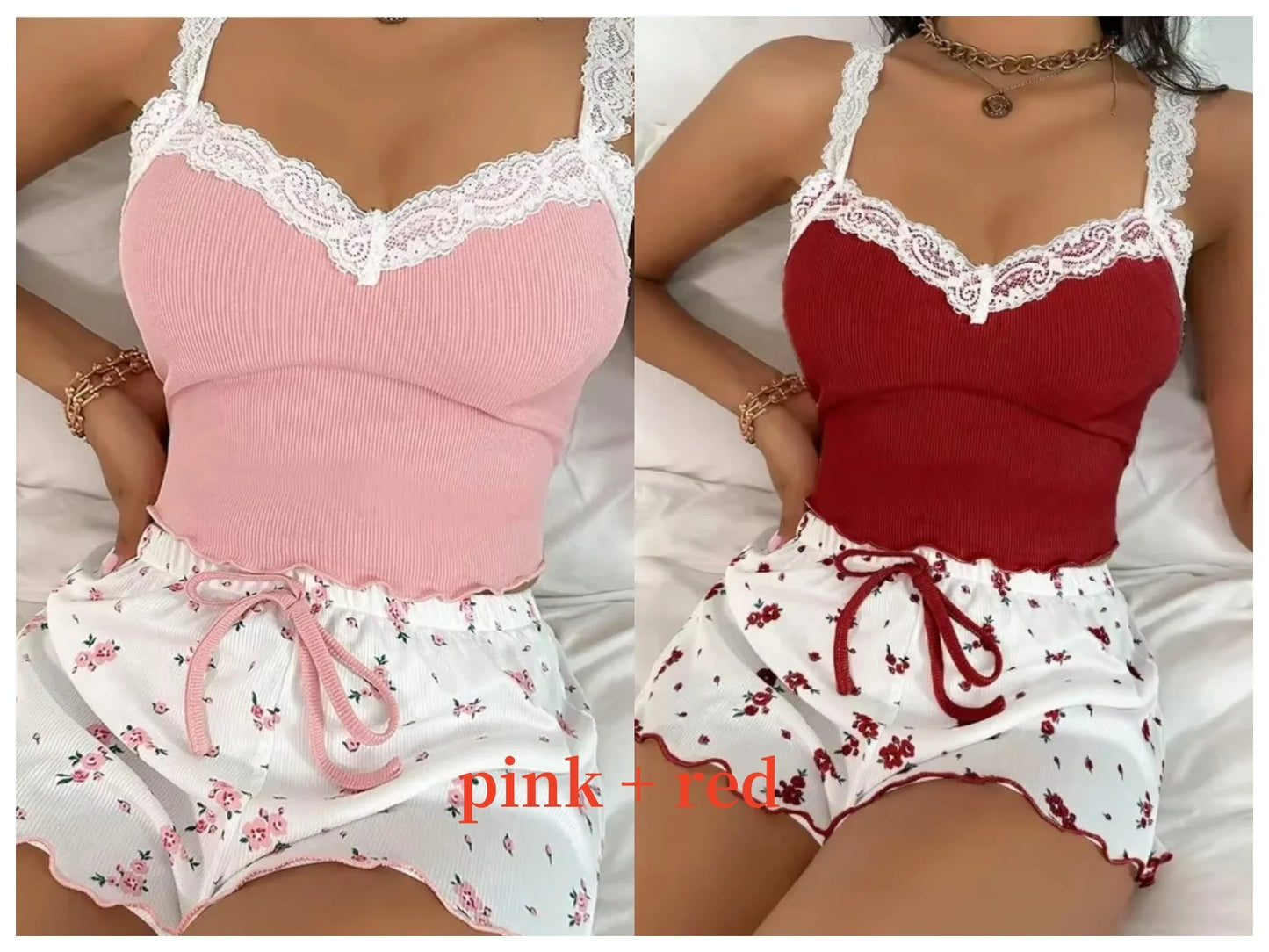 Women 2psc Pajama Set Pink Lace Patchwork V-Neck Sleepwear Nighties Suit Cami Top Printed Shorts Soft Pyjamas Loungewear