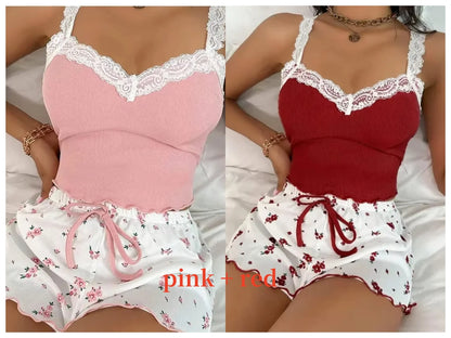 Women 2psc Pajama Set Pink Lace Patchwork V-Neck Sleepwear Nighties Suit Cami Top Printed Shorts Soft Pyjamas Loungewear