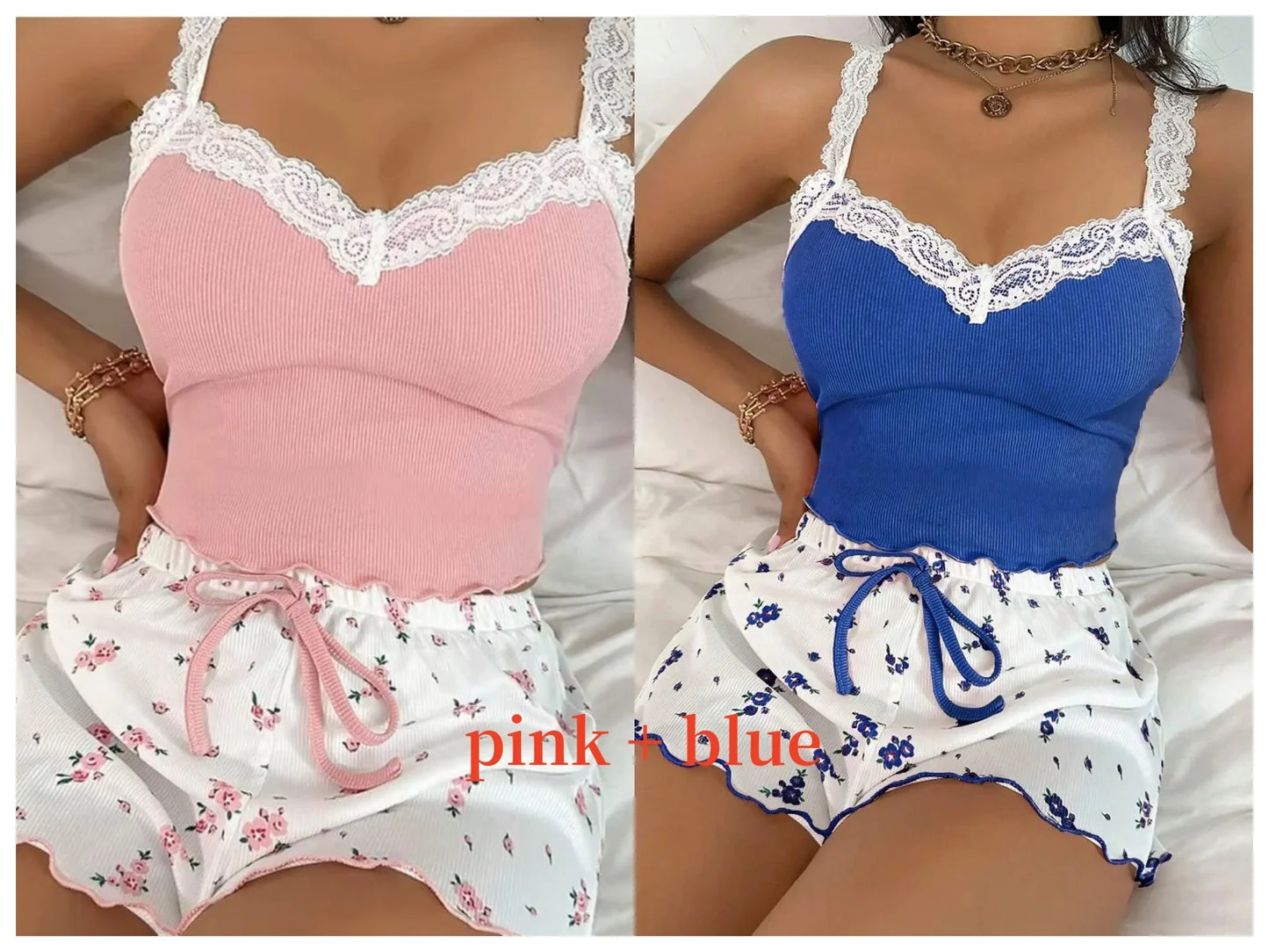 Women 2psc Pajama Set Pink Lace Patchwork V-Neck Sleepwear Nighties Suit Cami Top Printed Shorts Soft Pyjamas Loungewear