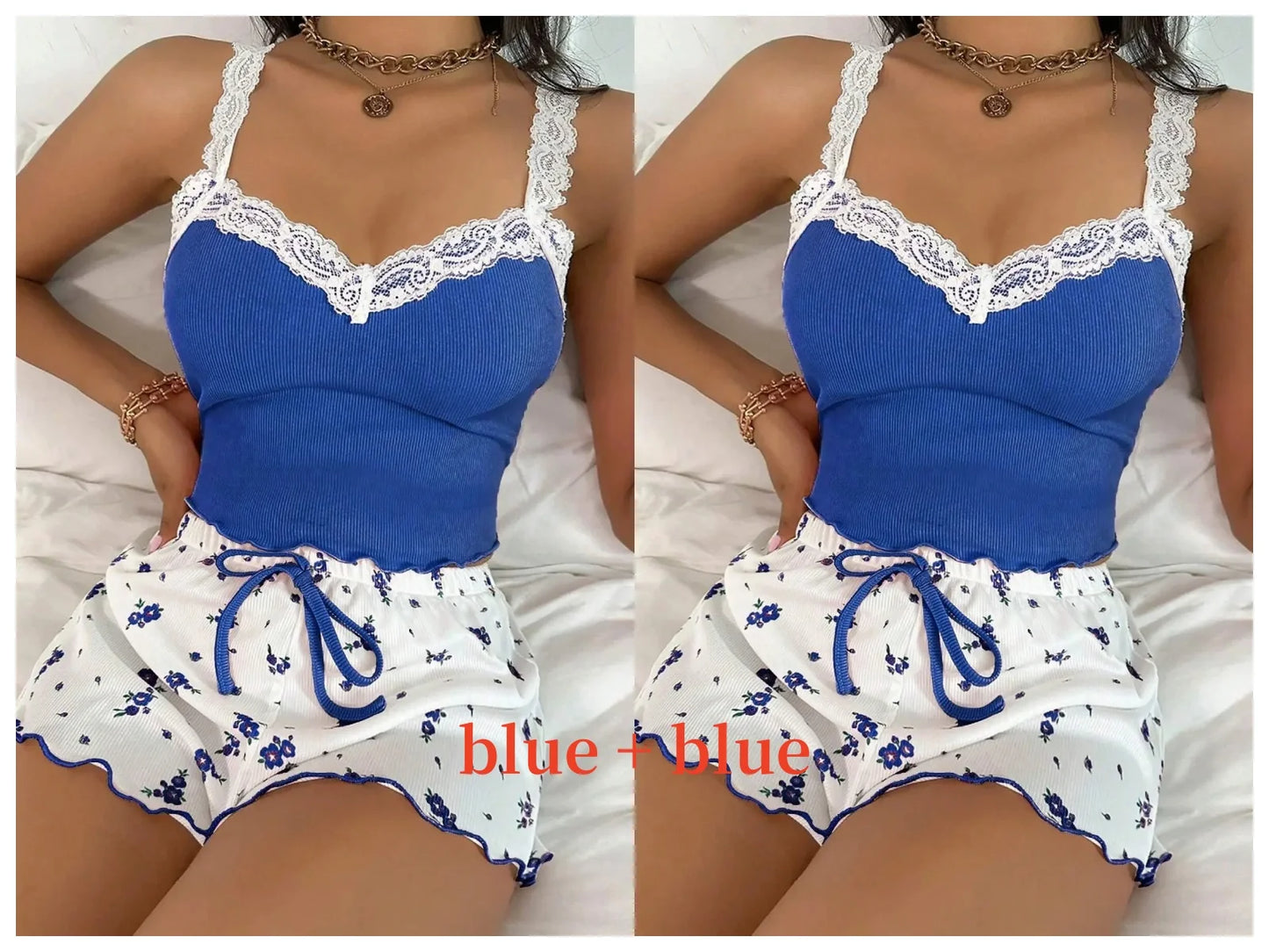 Women 2psc Pajama Set Pink Lace Patchwork V-Neck Sleepwear Nighties Suit Cami Top Printed Shorts Soft Pyjamas Loungewear