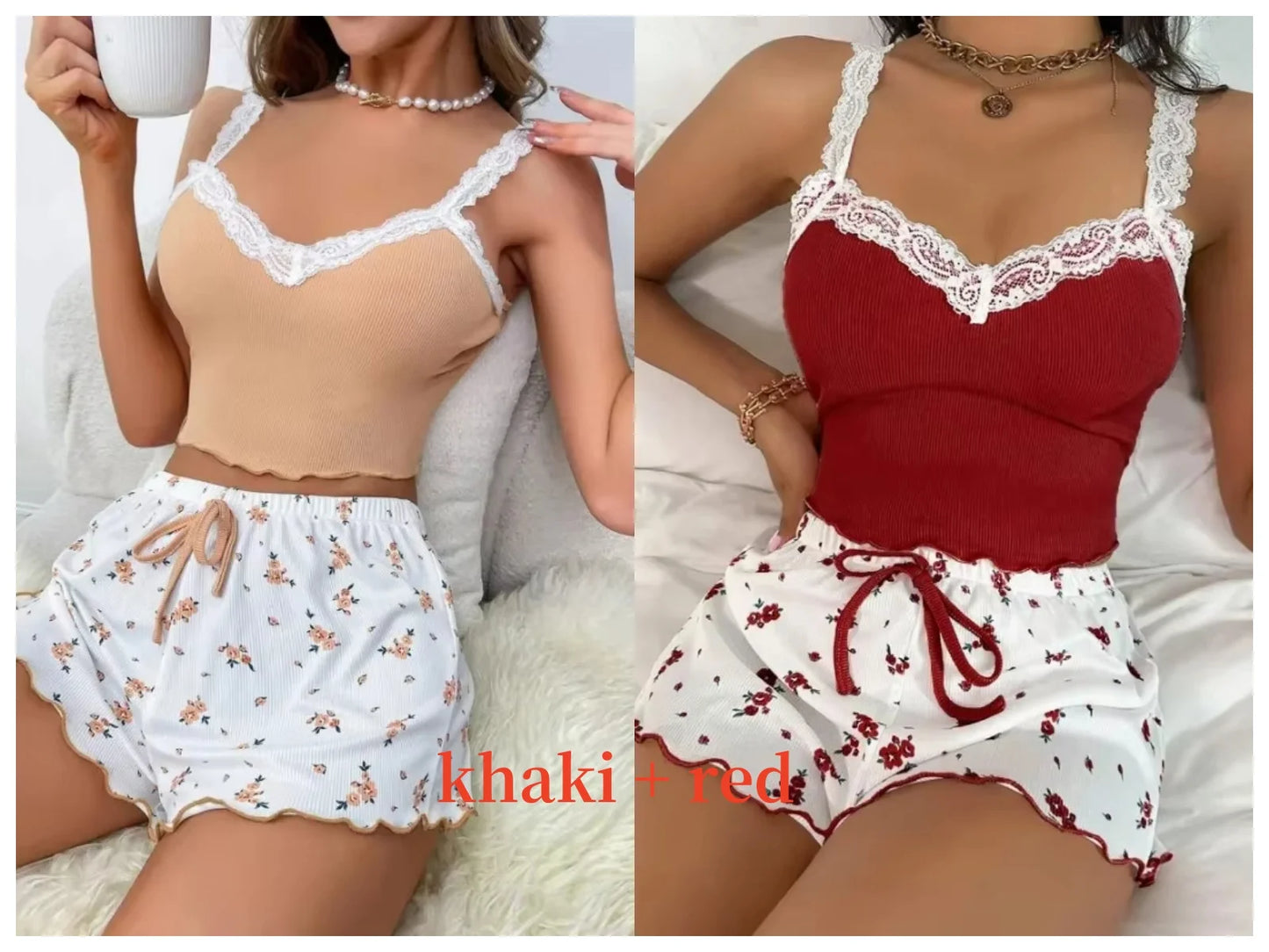 Women 2psc Pajama Set Pink Lace Patchwork V-Neck Sleepwear Nighties Suit Cami Top Printed Shorts Soft Pyjamas Loungewear