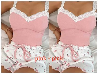 Women 2psc Pajama Set Pink Lace Patchwork V-Neck Sleepwear Nighties Suit Cami Top Printed Shorts Soft Pyjamas Loungewear